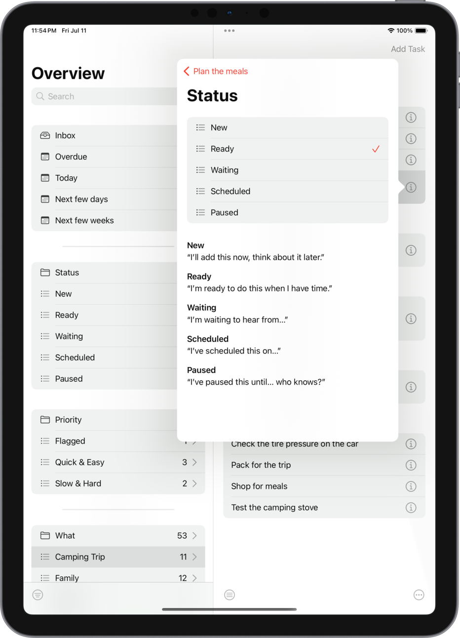 Task View — Plan the meals — Status Folder Lists